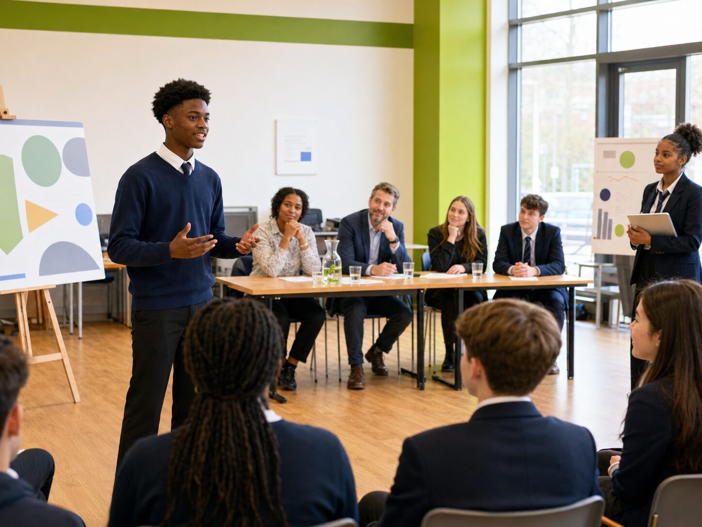 A student confidently pitching a social enterprise idea